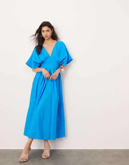 Women's Cocktail V Neck Short Sleeve Midi Dress