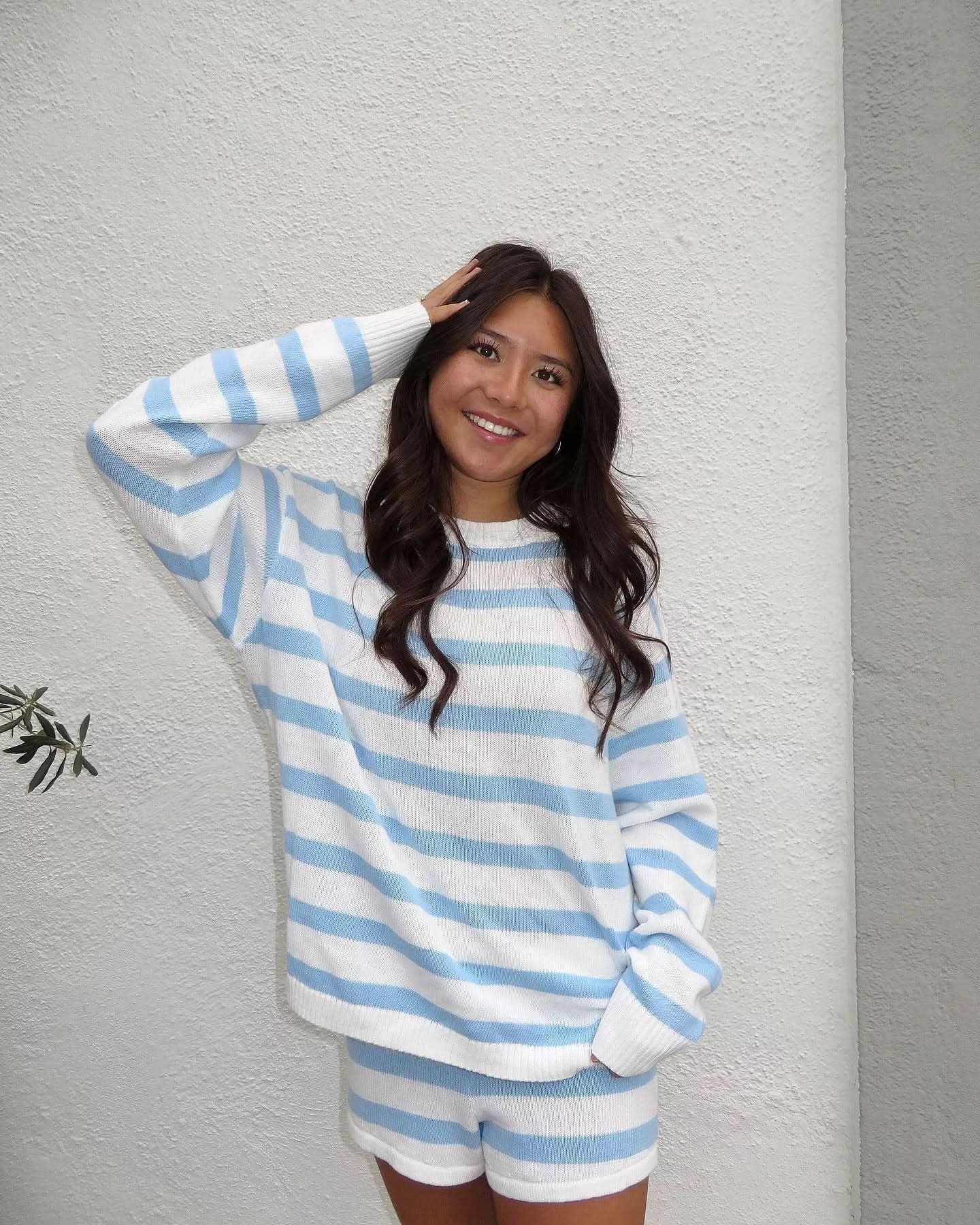Women's Striped Long Sleeve Knit Sweater Short Set - product image 5