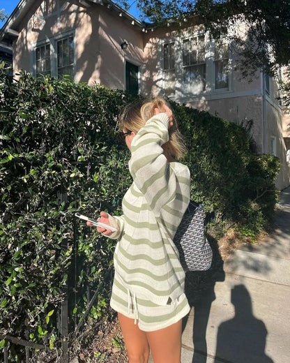Women's Striped Long Sleeve Knit Sweater Short Set - product image 2