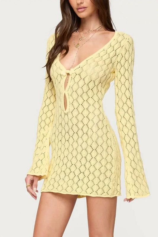 Women's Summer Crochet V Neck Mini Dress With Bell Sleeves - product image 1
