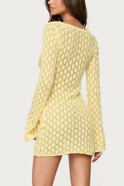 Women's Summer Crochet V Neck Mini Dress With Bell Sleeves - product image 5
