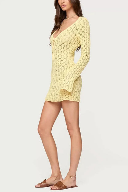 Women's Summer Crochet V Neck Mini Dress With Bell Sleeves - product image 4