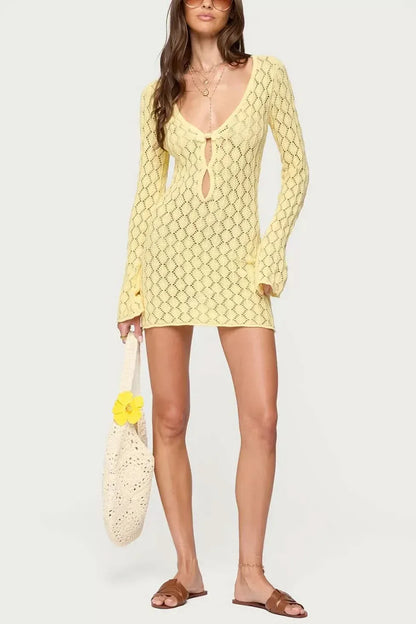 Women's Summer Crochet V Neck Mini Dress With Bell Sleeves - product image 6