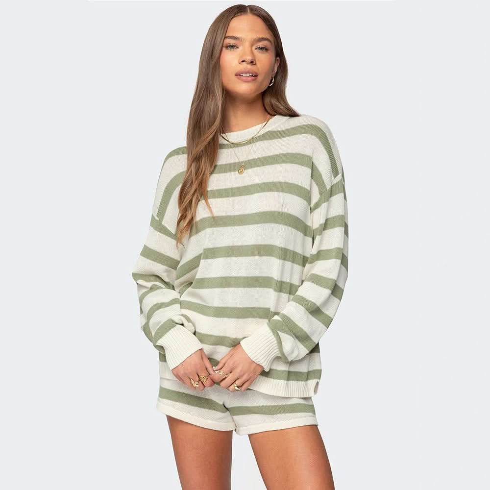 Women's Striped Long Sleeve Knit Sweater Short Set - product image 6