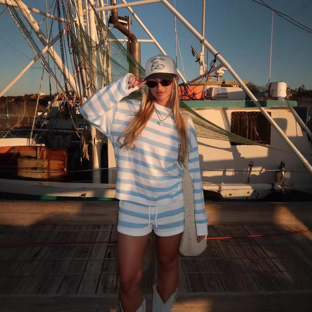 Women's Striped Long Sleeve Knit Sweater Short Set - product image 3