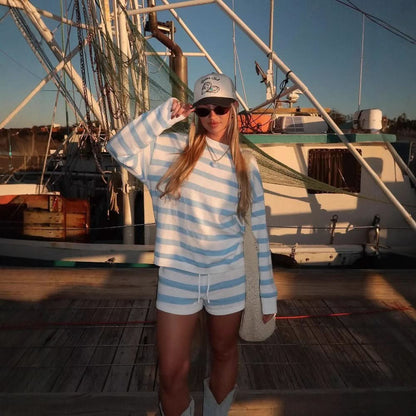 Women's Striped Long Sleeve Knit Sweater Short Set - product image 3
