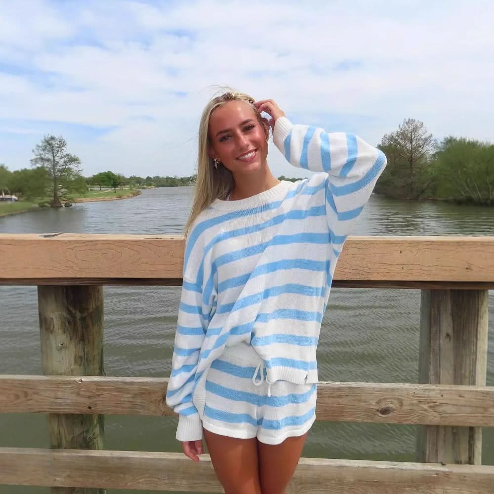 Women's Striped Long Sleeve Knit Sweater Short Set - product image 4