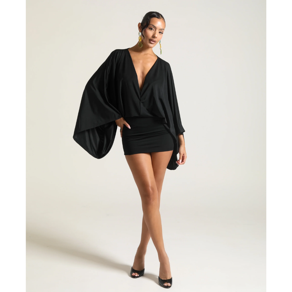 Ivory Kimono Sleeve Mini Dress - Black