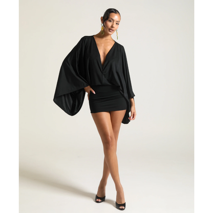 Ivory Kimono Sleeve Mini Dress - Black