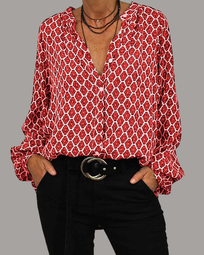 Women's Work Geometric V Neck Long Sleeve Blouse