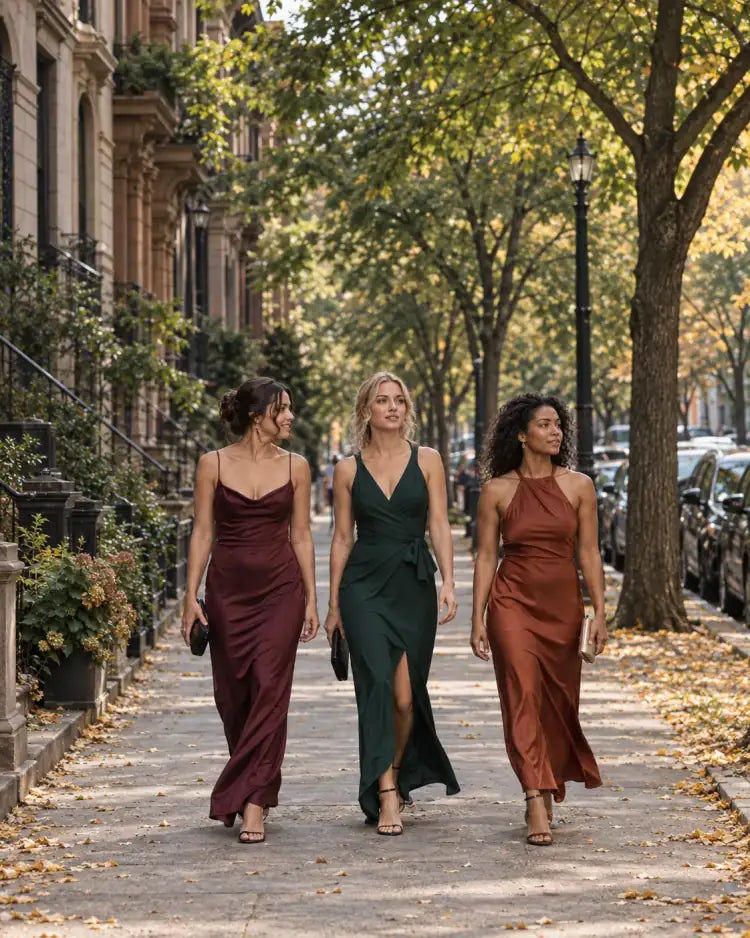Three women in fall wedding guest dresses outside a brownstone