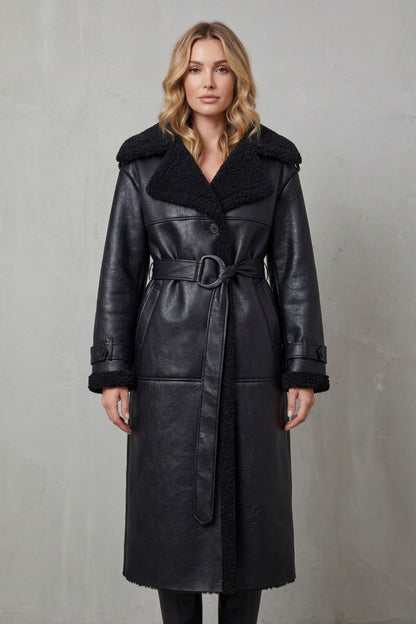 Women's Oversized Plush-Trim Belted Longline Aviator Coat - View 1