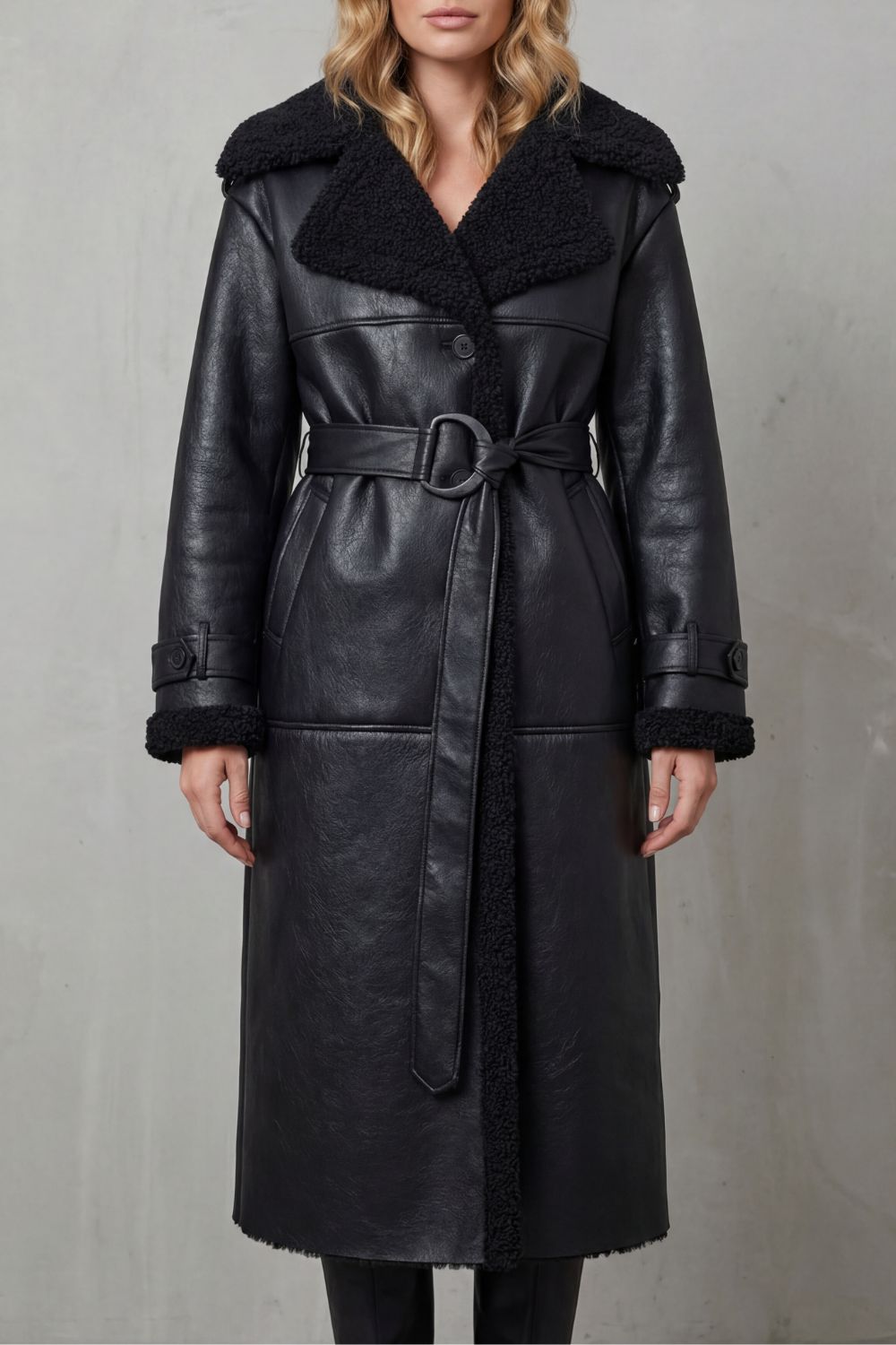 Women's Oversized Plush-Trim Belted Longline Aviator Coat - Black - View 2