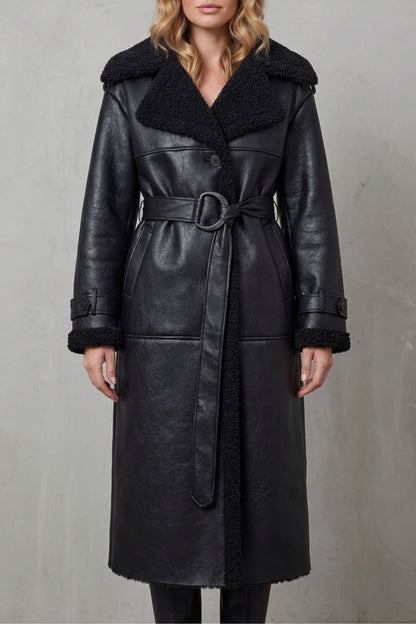 Women's Oversized Plush-Trim Belted Longline Aviator Coat - Black - View 2