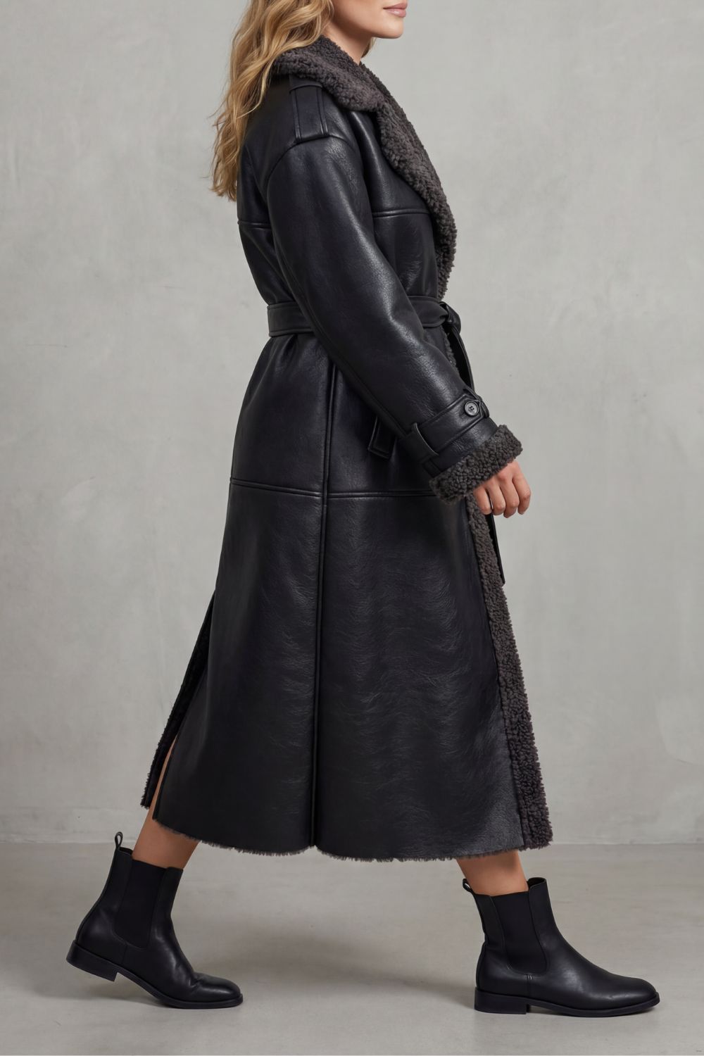 Women's Oversized Plush-Trim Belted Longline Aviator Coat - View 3