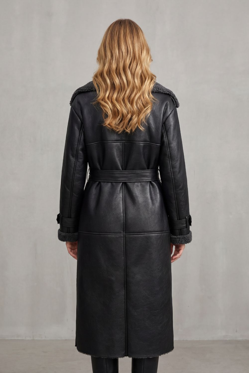 Women's Oversized Plush-Trim Belted Longline Aviator Coat - View 4