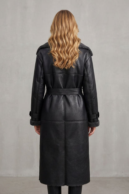 Women's Oversized Plush-Trim Belted Longline Aviator Coat - View 4