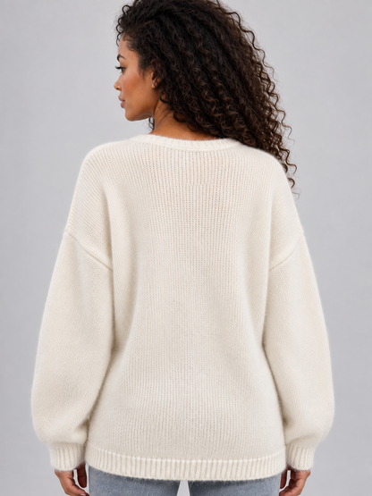 Women's 3D Floral Applique Knit Sweater - Cream
