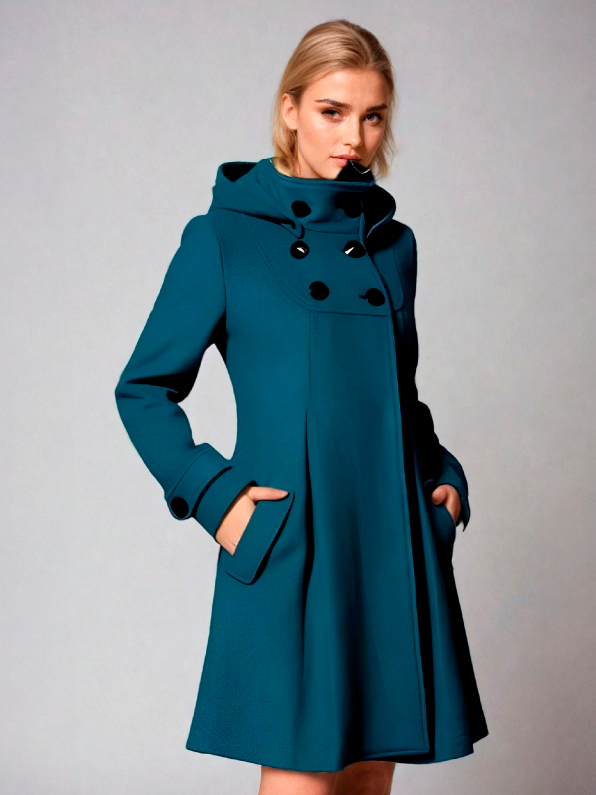 Women's A-Line Funnel Neck Coat - Teal