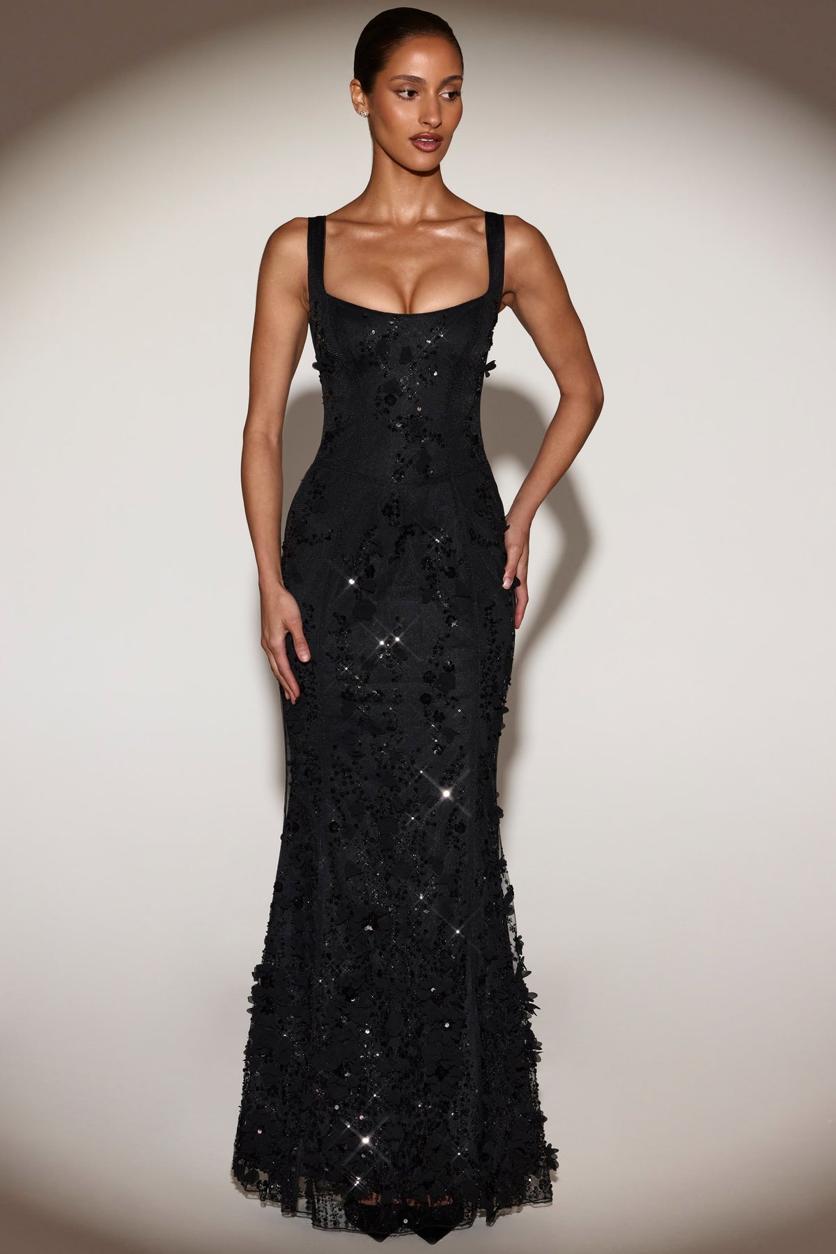 Women's Applique Corset Floor-Length Formal Dress - Black