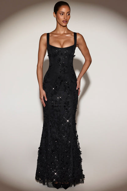 Women's Applique Corset Floor-Length Formal Dress - Black