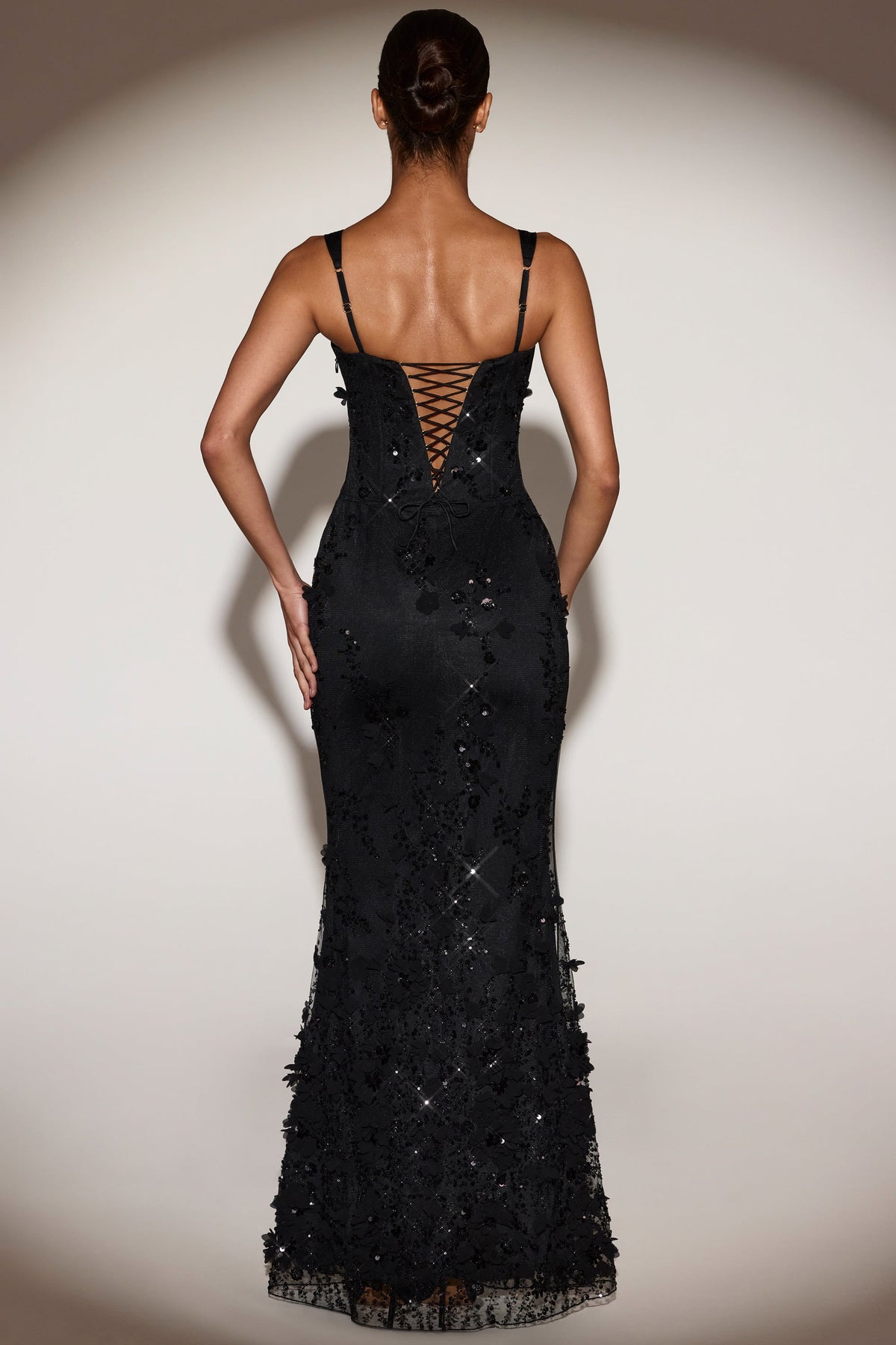 Women's Applique Corset Floor-Length Formal Dress - Black