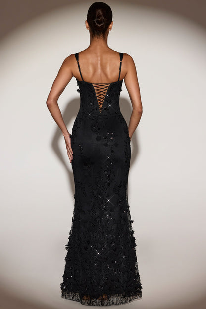 Women's Applique Corset Floor-Length Formal Dress - Black