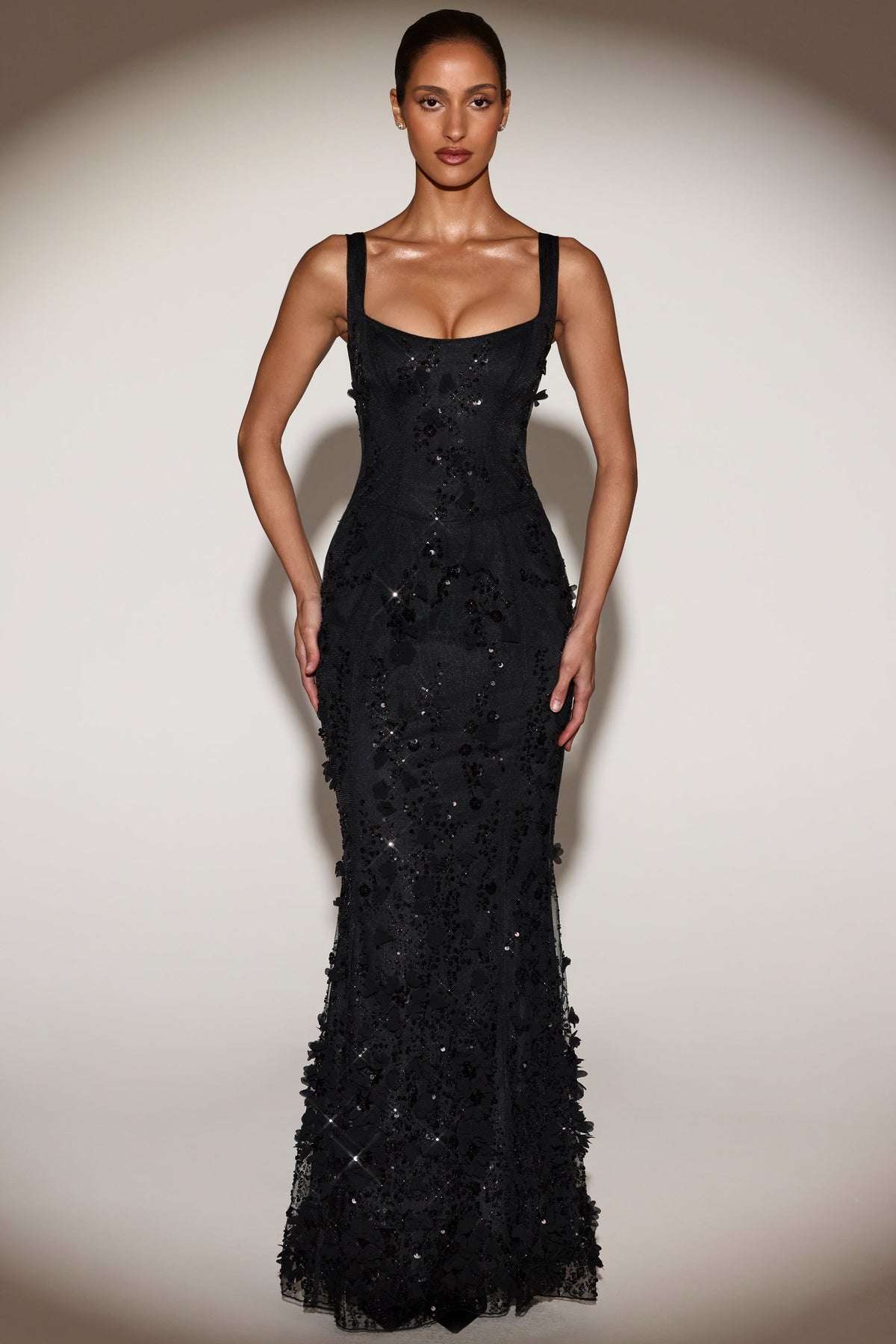 Women's Applique Corset Floor-Length Formal Dress - Black