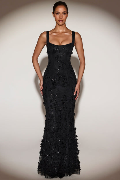 Women's Applique Corset Floor-Length Formal Dress - Black