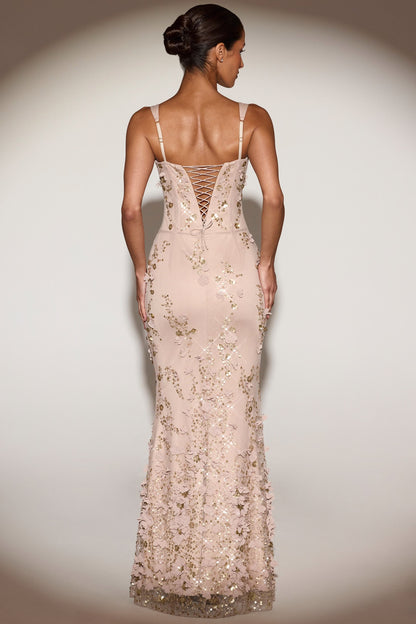 Women's Applique Corset Floor-Length Formal Dress - Champagne Gold