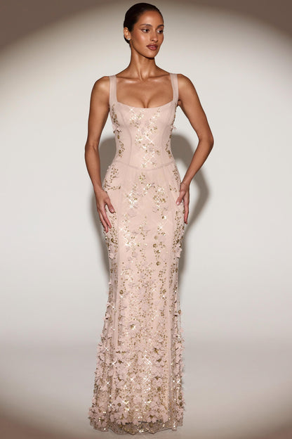 Women's Applique Corset Floor-Length Formal Dress - Champagne Gold
