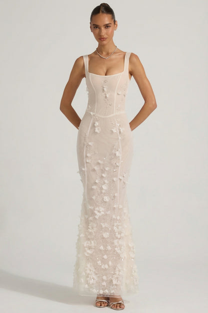 Women's Applique Corset Floor-Length Formal Dress - Ivory