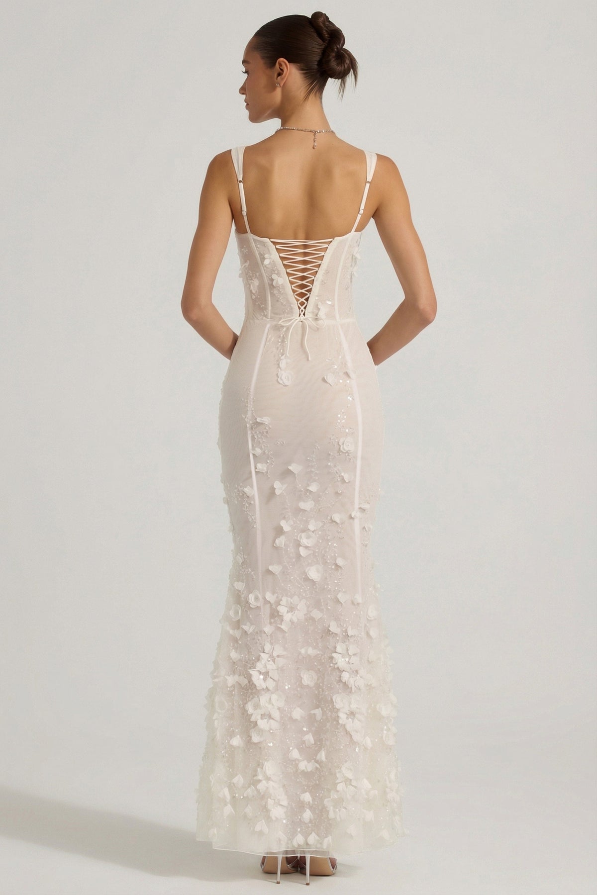 Women's Applique Corset Floor-Length Formal Dress - Ivory