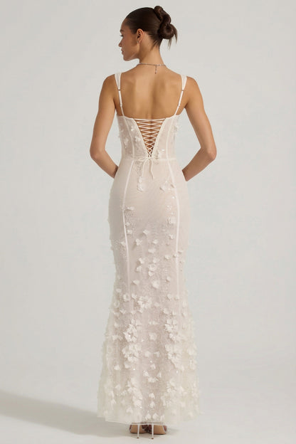 Women's Applique Corset Floor-Length Formal Dress - Ivory
