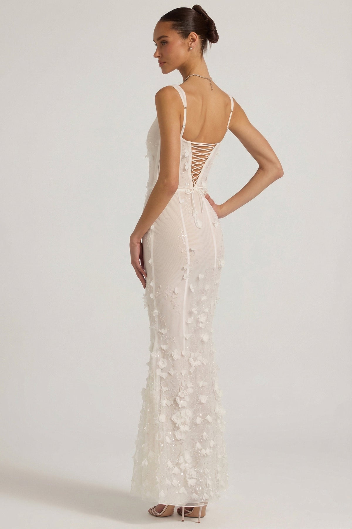 Women's Applique Corset Floor-Length Formal Dress - Ivory