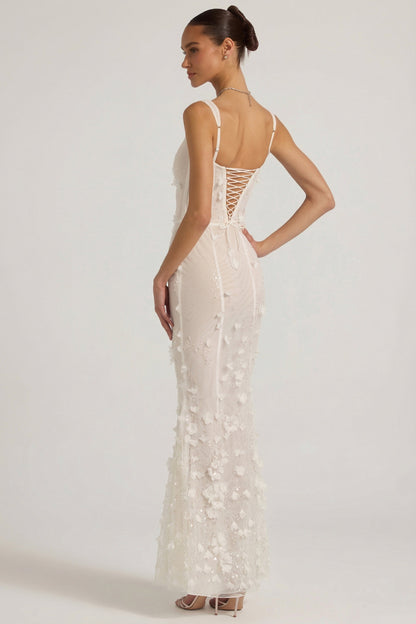 Women's Applique Corset Floor-Length Formal Dress - Ivory