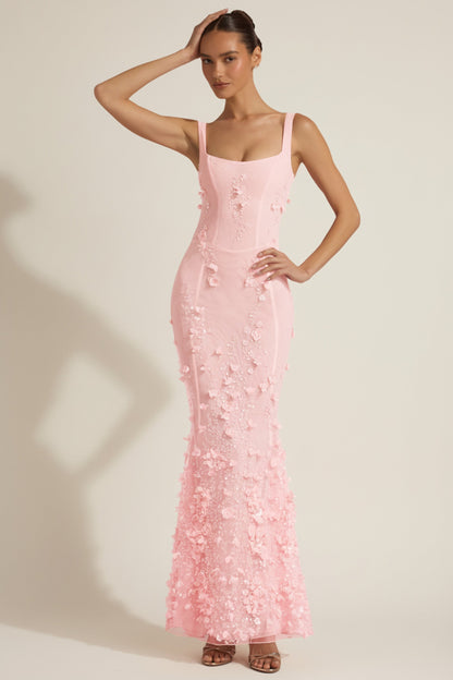 Women's Applique Corset Floor-Length Formal Dress - Pink