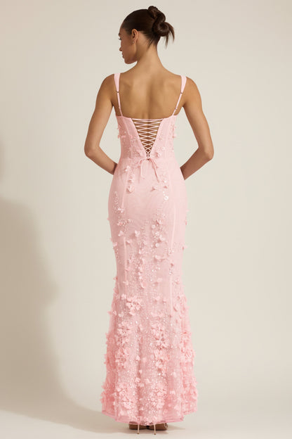 Women's Applique Corset Floor-Length Formal Dress - Pink