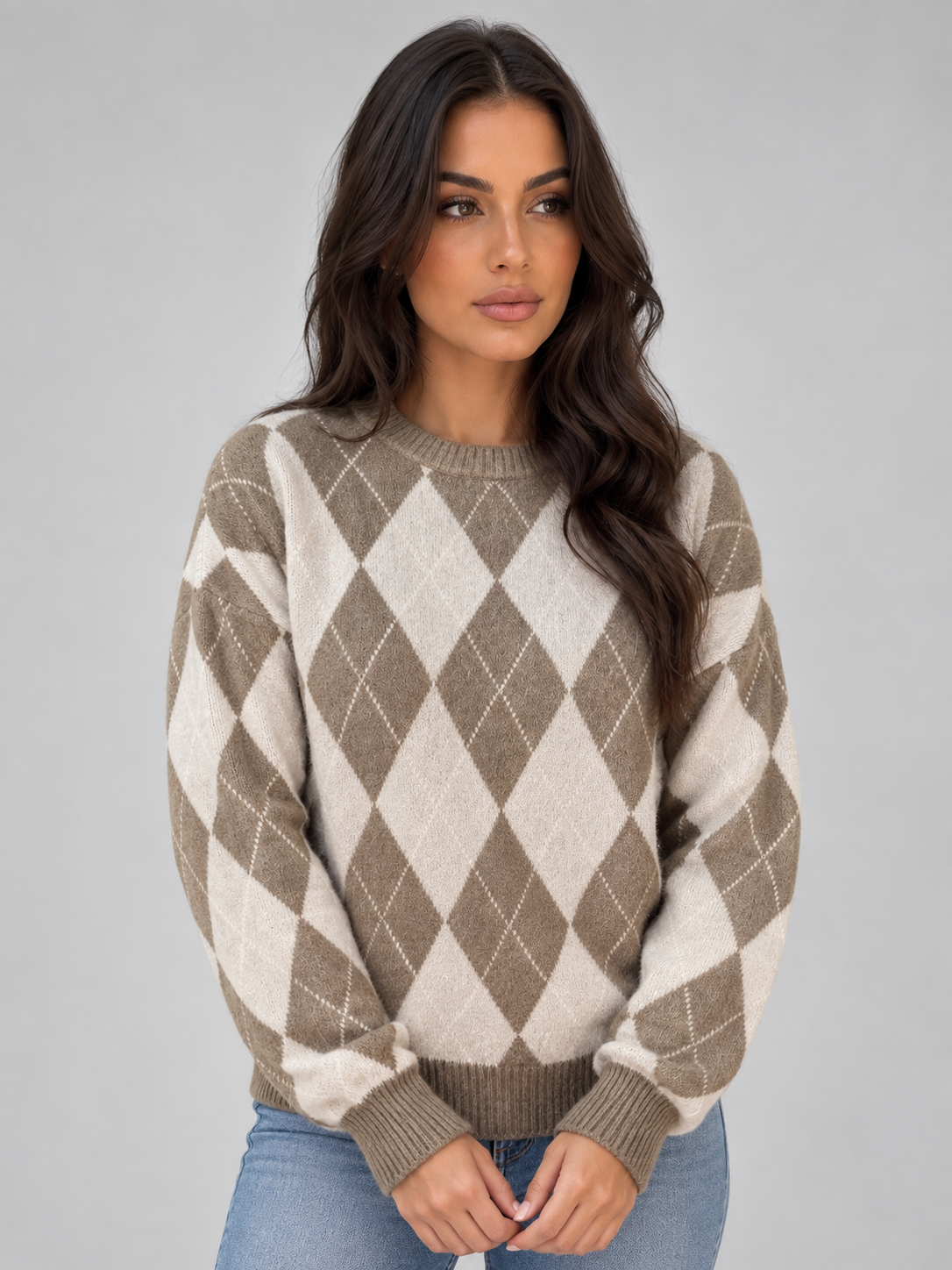 Women's Argyle Diamond Pattern Knit Sweater - Beige
