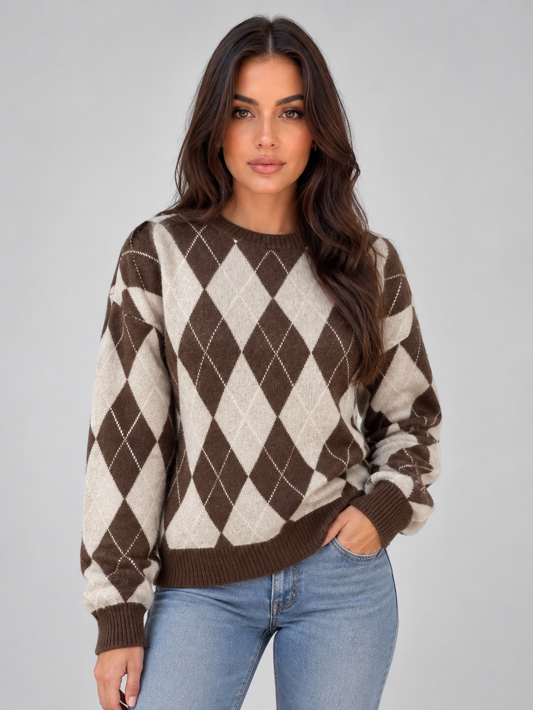 Women's Argyle Diamond Pattern Knit Sweater - Brown
