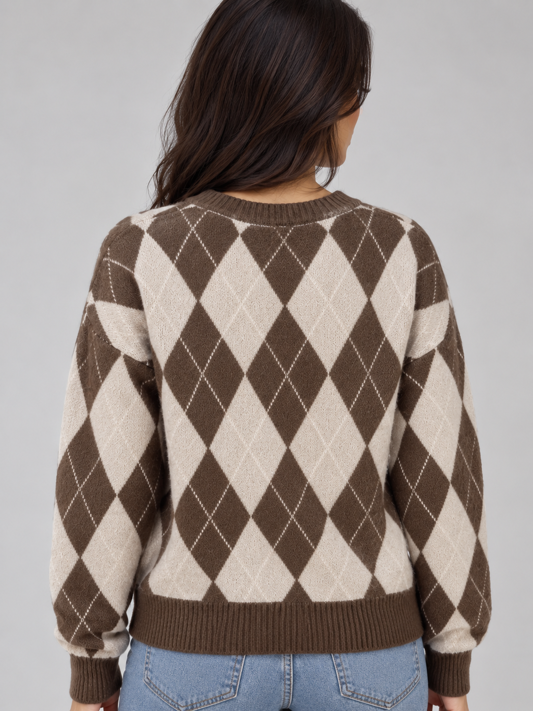 Women's Argyle Diamond Pattern Knit Sweater - Brown