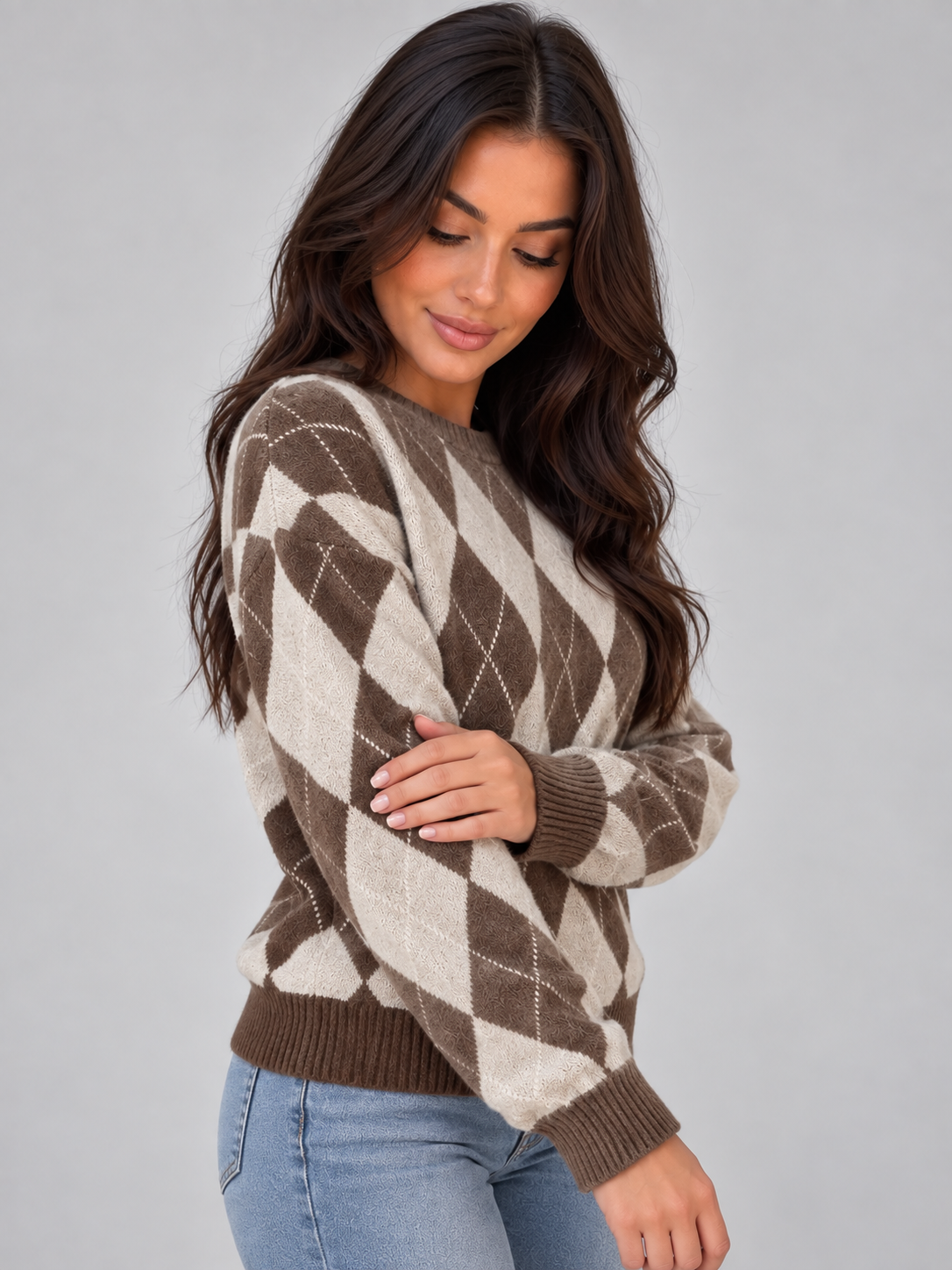 Women's Argyle Diamond Pattern Knit Sweater - Brown