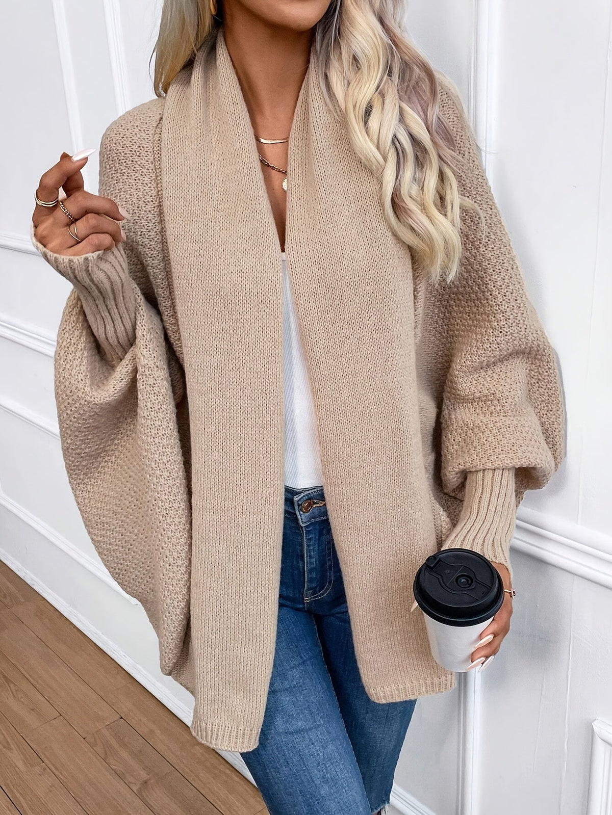 Women's Batwing Sleeve Open Front Cardigan - Khaki