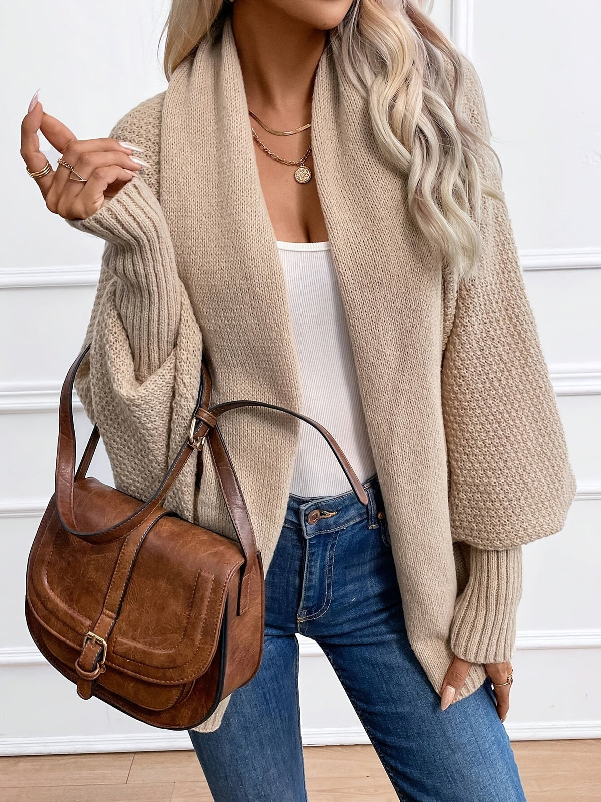 Women's Batwing Sleeve Open Front Cardigan - Khaki