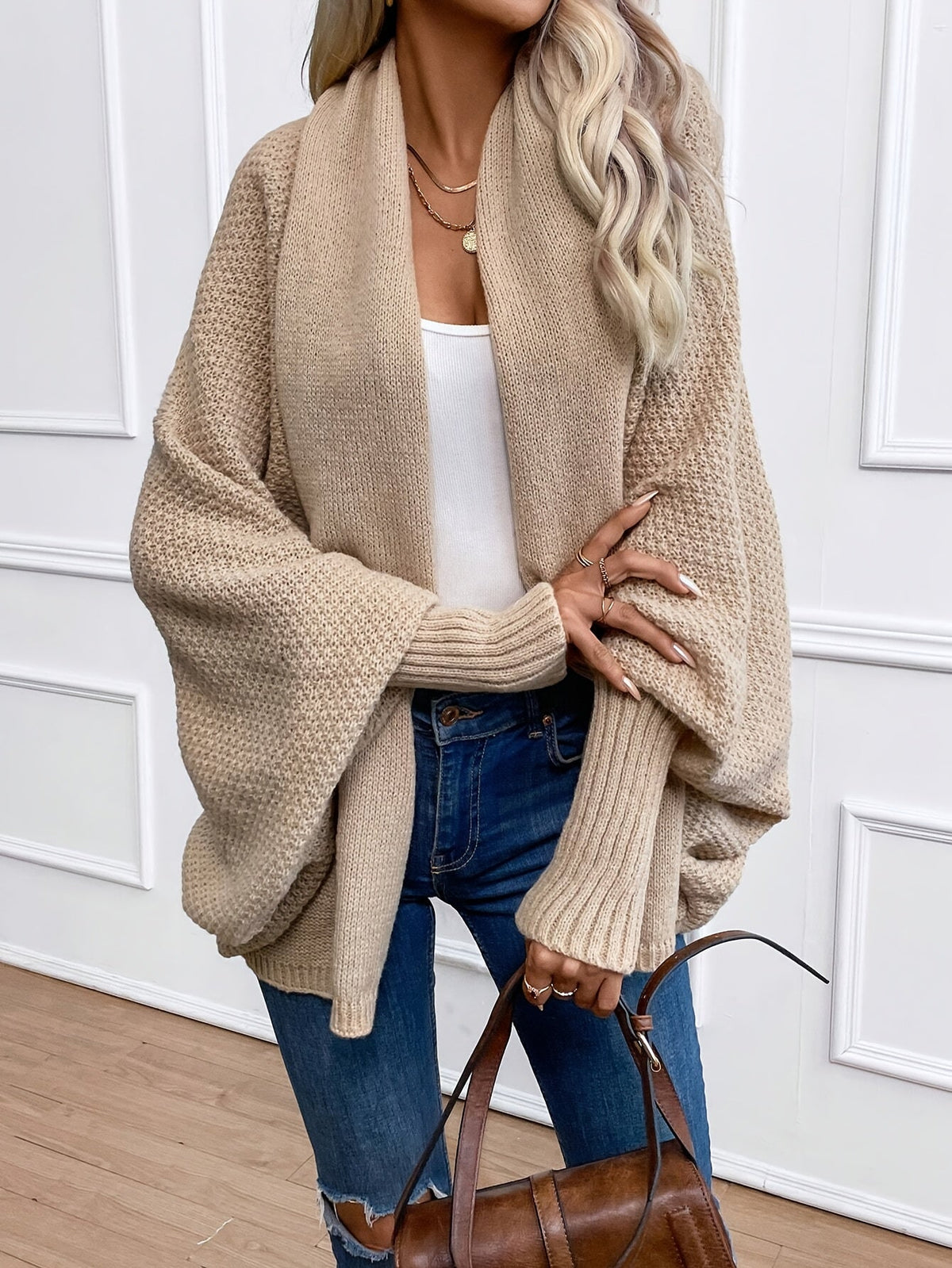 Women's Batwing Sleeve Open Front Cardigan - Khaki