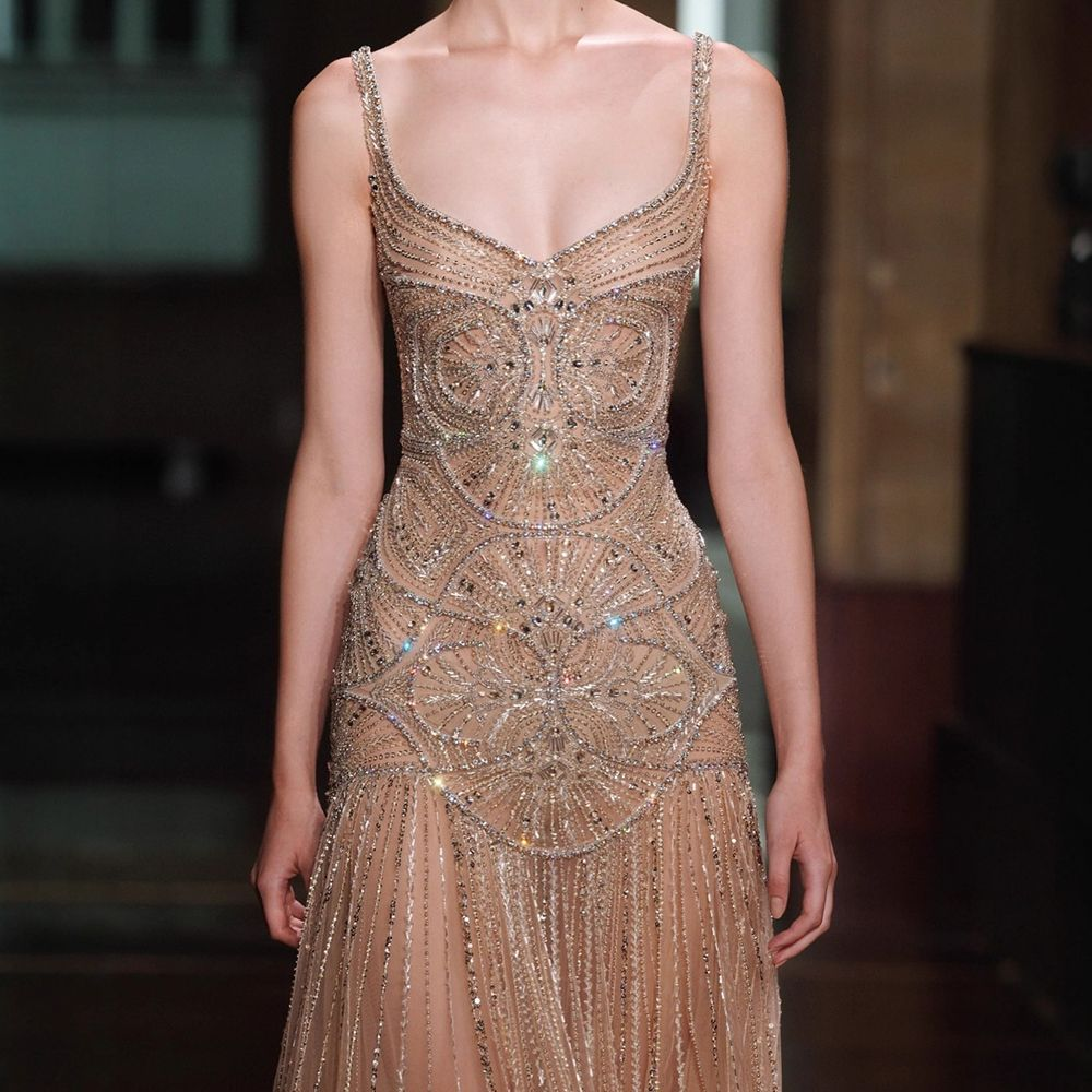 Women's Beaded Mermaid Floor-Length Formal Dress - Champagne