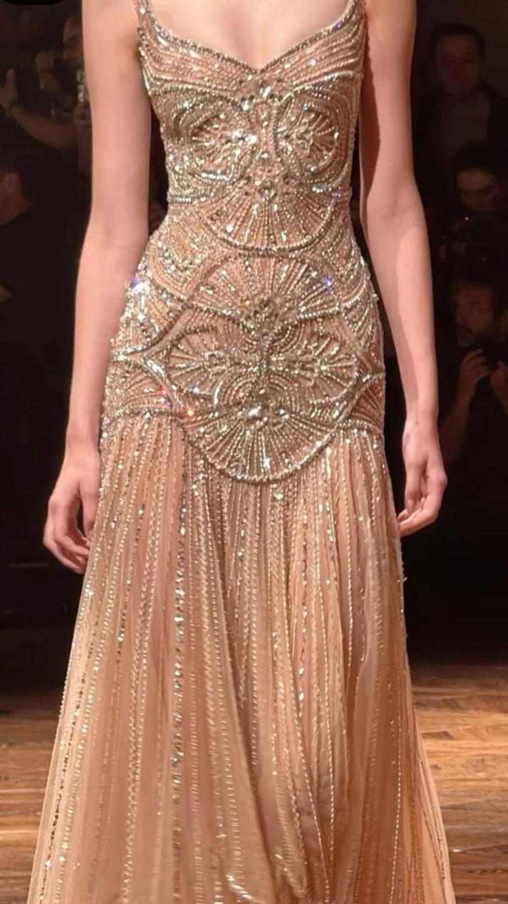 Women's Beaded Mermaid Floor-Length Formal Dress - Champagne