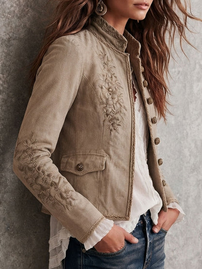 Women's Beige Embroidered Suede-Look Jacket - Beige