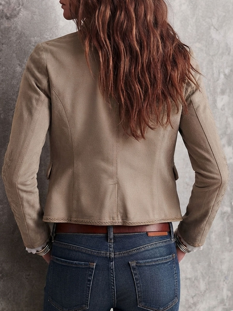 Women's Beige Embroidered Suede-Look Jacket - Beige