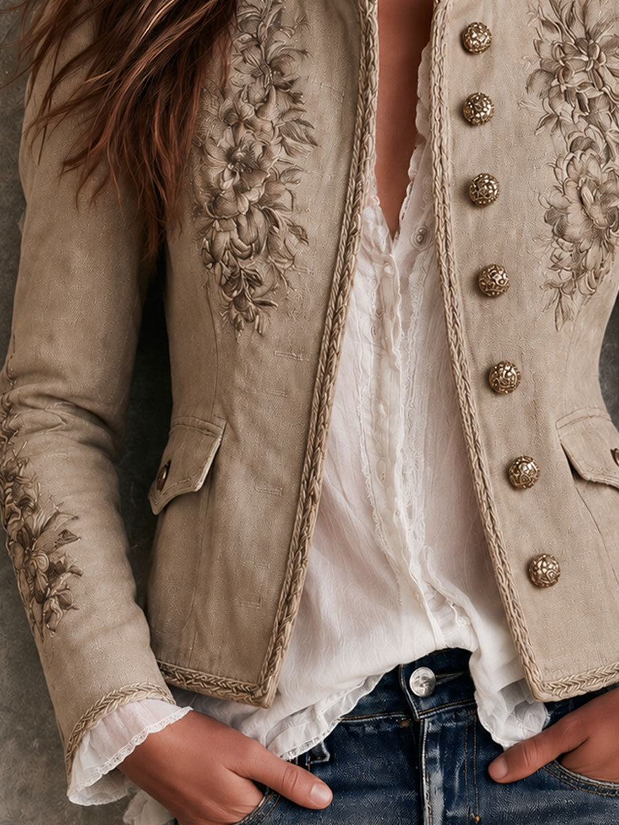 Women's Beige Embroidered Suede-Look Jacket - Beige